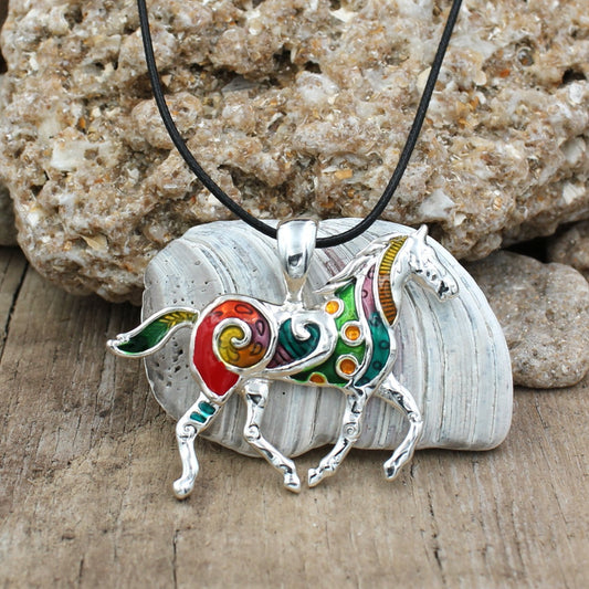 BESHEEK Mosaic Silvertone Rainbow Horse Pendant Necklace | Handmade Hypoallergenic Boho Beach Gala Wedding Style Fashion Jewelry
