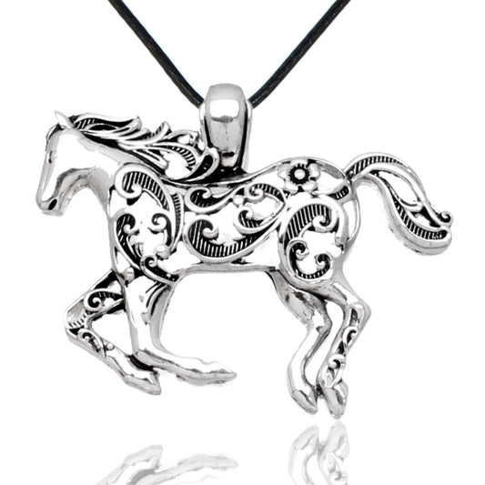 BESHEEK Filigree Cut-out Horse Pendant Necklace Pendant | Silvertone Hypoallergenic Fashion Jewelry