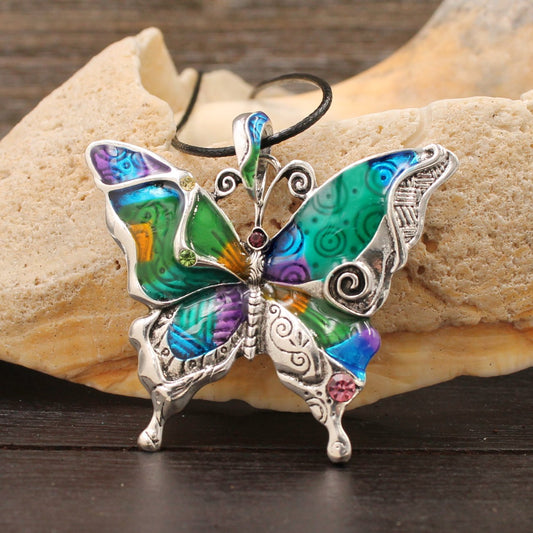 BESHEEK Mosaic Silvertone Rainbow Butterfly Pendant Necklace | Handmade Hypoallergenic Boho Beach Gala Wedding Style Fashion Jewelry