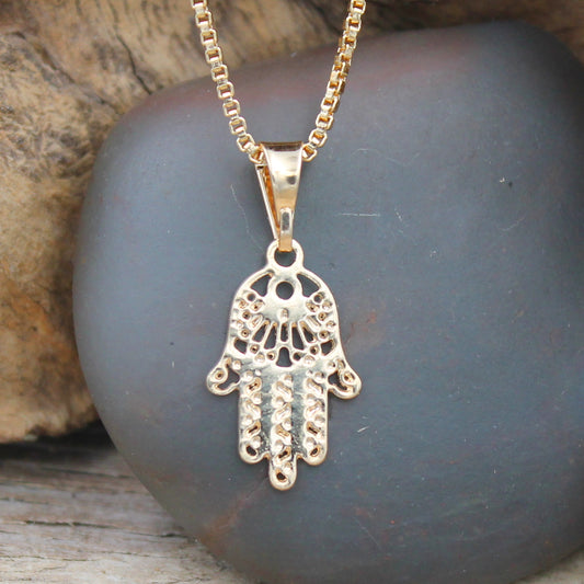 BESHEEK Goldfill Hamsa Hand Pendant Necklace | Handmade Hypoallergenic Boho Beach Gala Wedding Style Fashion Jewelry