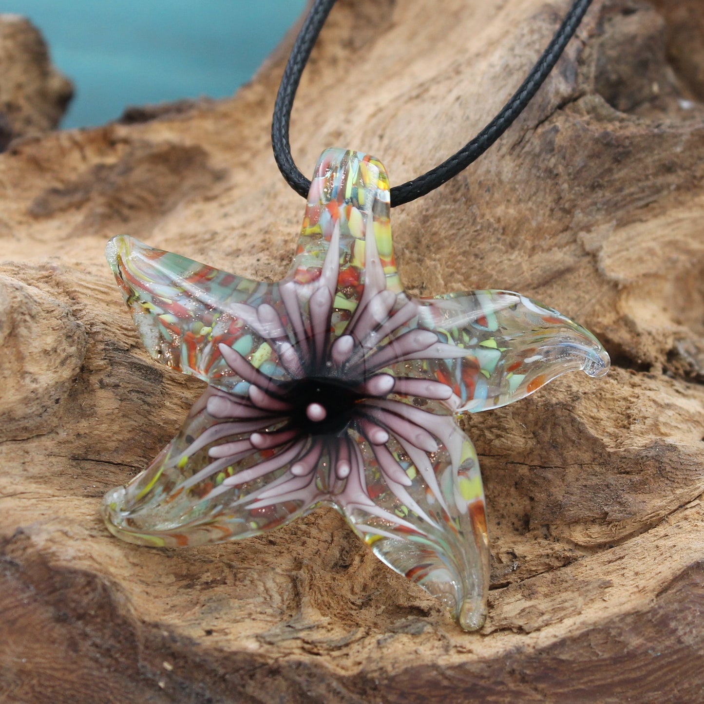 BESHEEK Handmade Murano Inspired Blown Glass Lampwork Art Pink Confetti "Blooming Starfish" Necklace Pendant ? Handcrafted Artisan Hypoallergenic Italian Style Jewelry