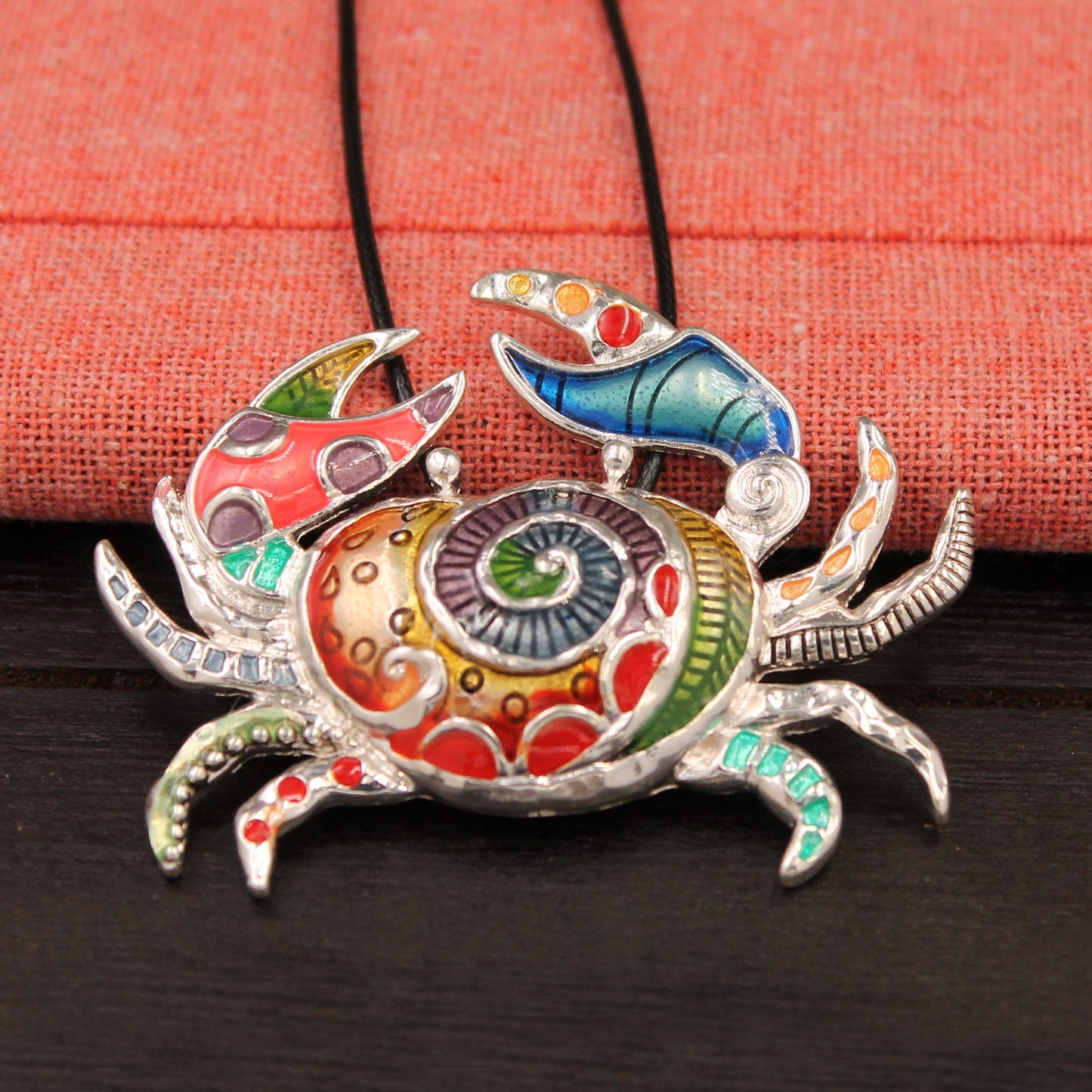 BESHEEK Mosaic Silvertone Rainbow Crab Pendant Necklace | Handmade Hypoallergenic Boho Beach Gala Wedding Style Fashion Jewelry