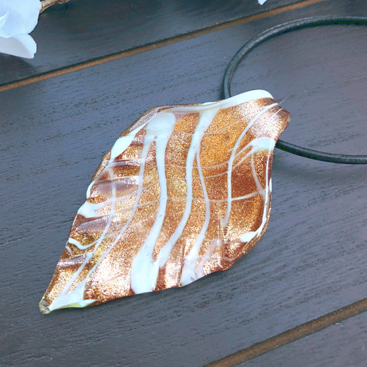 BESHEEK Handmade Murano Inspired Blown Glass Lampwork Art Goldtone Leaf Glass Pendant? Handcrafted Artisan Hypoallergenic Italian Style Jewelry