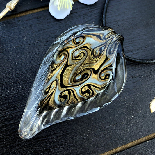 BESHEEK Handmade Murano Inspired Blown Glass Lampwork Art Clear Goldtone Leaf with Black Glass Pendant? Handcrafted Artisan Hypoallergenic Italian Style Jewelry