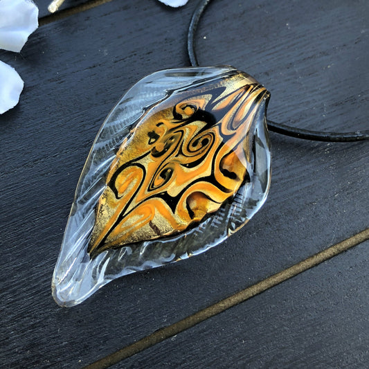 BESHEEK Handmade Murano Inspired Blown Glass Lampwork Art Clear Goldtone Leaf with Orange Glass Pendant? Handcrafted Artisan Hypoallergenic Italian Style Jewelry