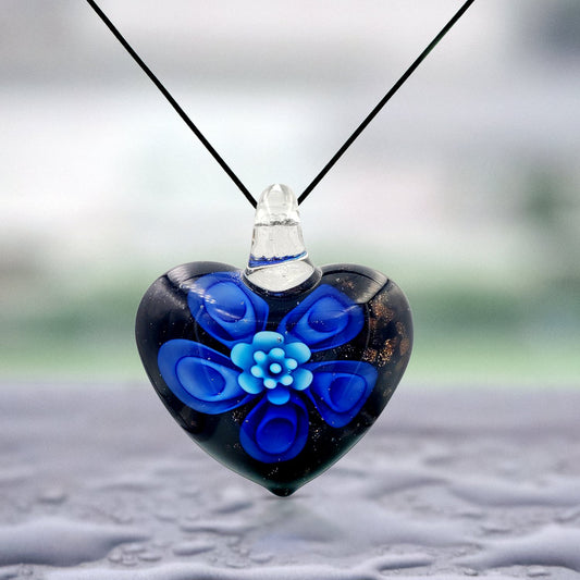 BESHEEK Handmade Murano Inspired Blown Glass Lampwork Art Heart Flower Royal and Aqua Blue Glass Pendant ? Handcrafted Artisan Hypoallergenic Italian Style Jewelry