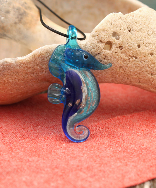BESHEEK Handmade Murano Inspired Blown Glass Lampwork Art Blue Seahorse Necklace Pendant | Handcrafted Artisan Hypoallergenic Italian Style Jewelry