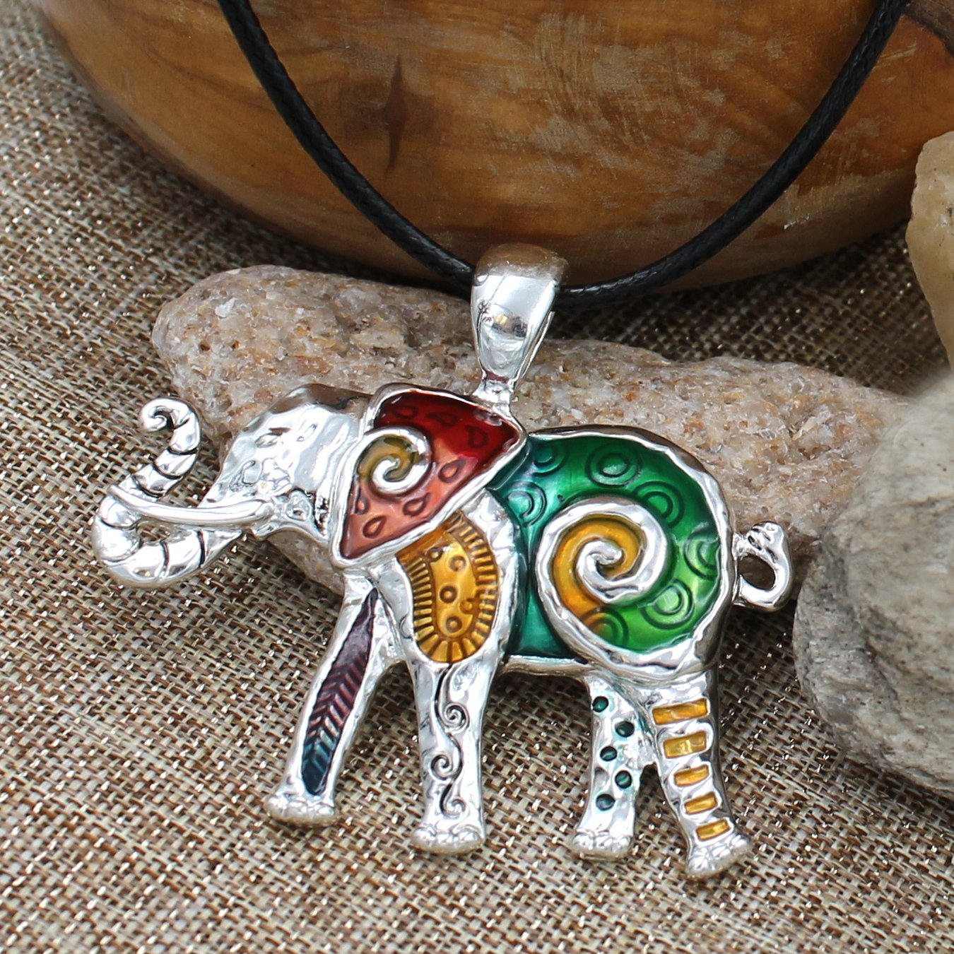 BESHEEK Mosaic Silvertone Rainbow Elephant Pendant Necklace | Handmade Hypoallergenic Boho Beach Gala Wedding Style Fashion Jewelry