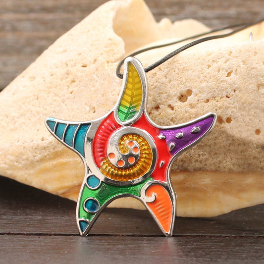 BESHEEK Mosaic Silvertone Rainbow Starfish Pendant Necklace | Handmade Hypoallergenic Boho Beach Gala Wedding Style Fashion Jewelry