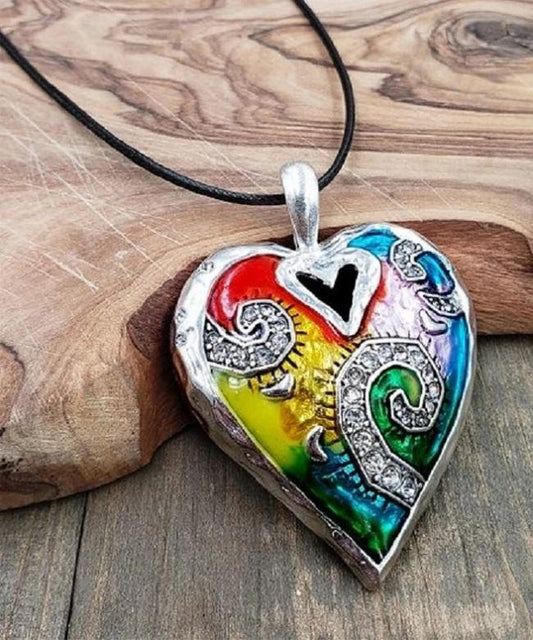 BESHEEK Mosaic Silvertone Rainbow Heart Pendant Necklace | Handmade Hypoallergenic Boho Beach Gala Wedding Style Fashion Jewelry