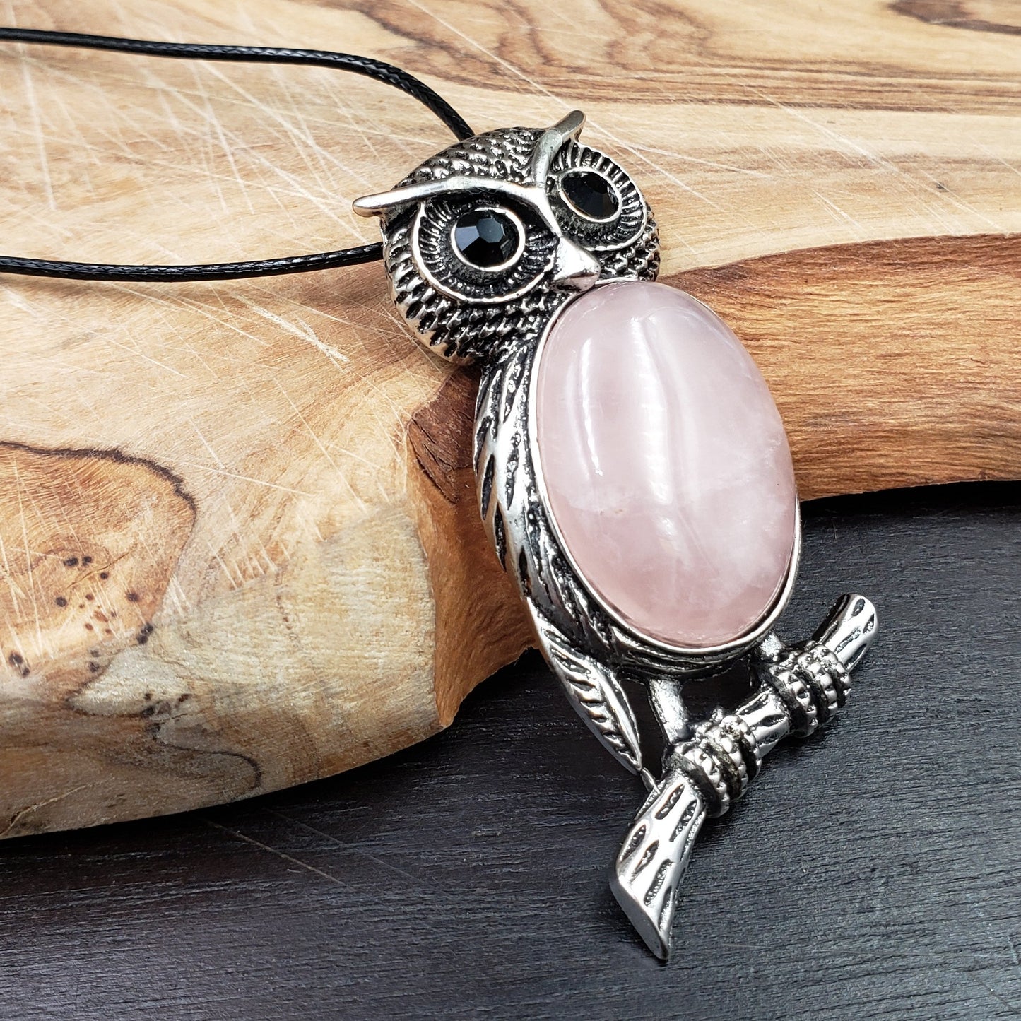 BESHEEK Silvertone Pink Quartz Stone Owl Pendant