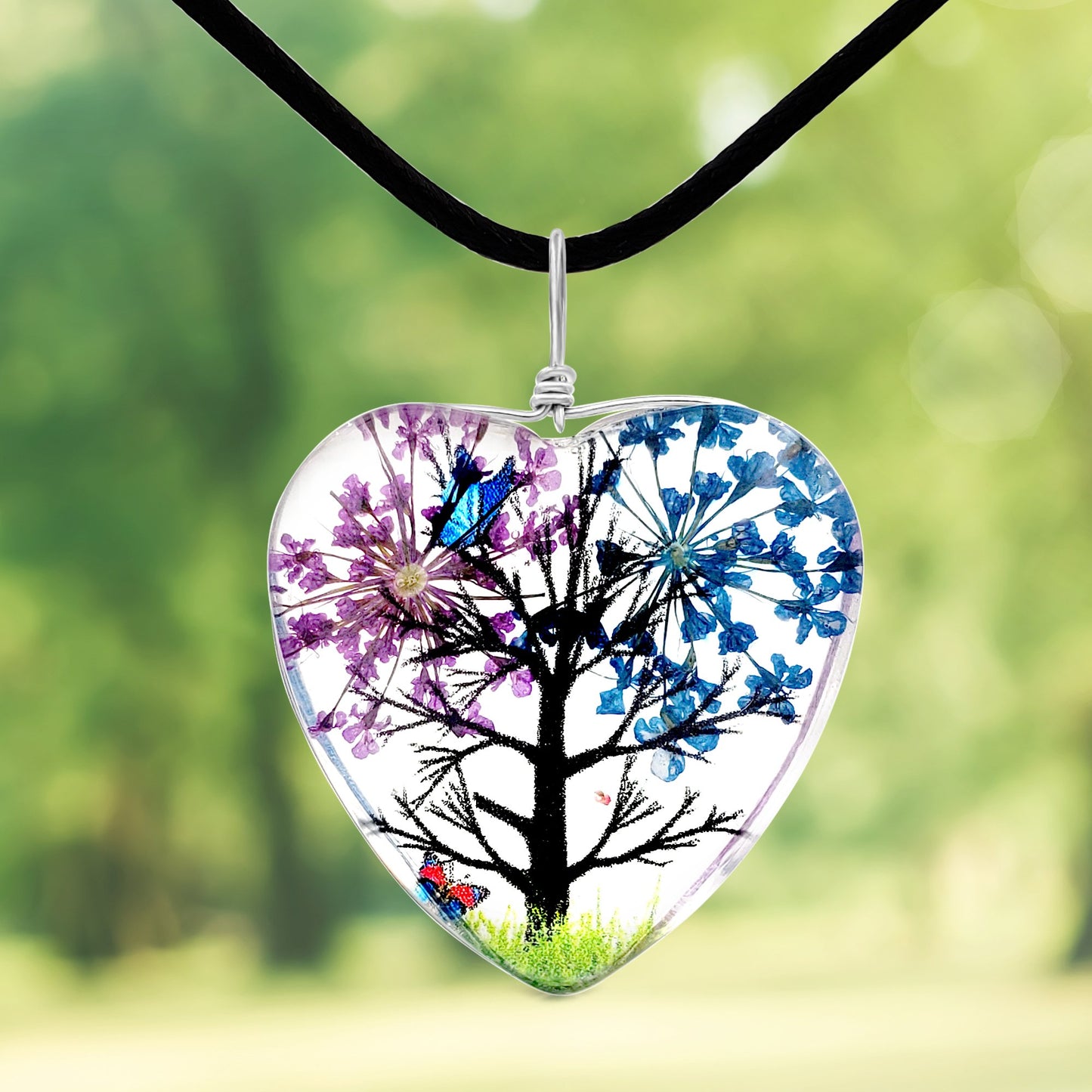 BESHEEK Purple, Blue Flower & Leather Glass Tree Heart Pendant Necklace? Handmade Hypoallergenic Boho Beach Gala Wedding Style Fashion Jewelry