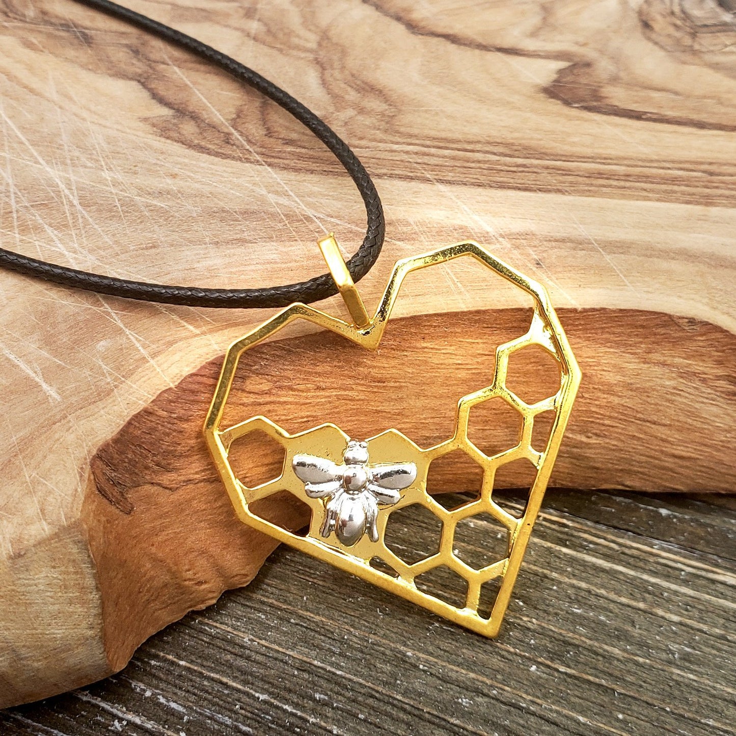 BESHEEK Gold and Silvertone Honeycomb Bee Pendant Necklace? Handmade Hypoallergenic Boho Beach Gala Wedding Style Fashion Jewelry