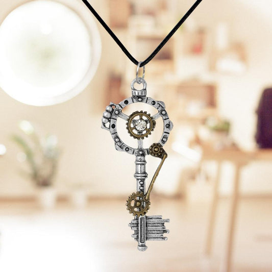 BESHEEK Silvertone Steampunk Key and Gears Pendant Necklace? Handmade Hypoallergenic Boho Beach Gala Wedding Style Fashion Jewelry