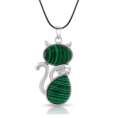 BESHEEK Malachite Gemstone Kitty Cat Pendant Necklace? Handmade Hypoallergenic Boho Beach Gala Wedding Style Fashion Jewelry