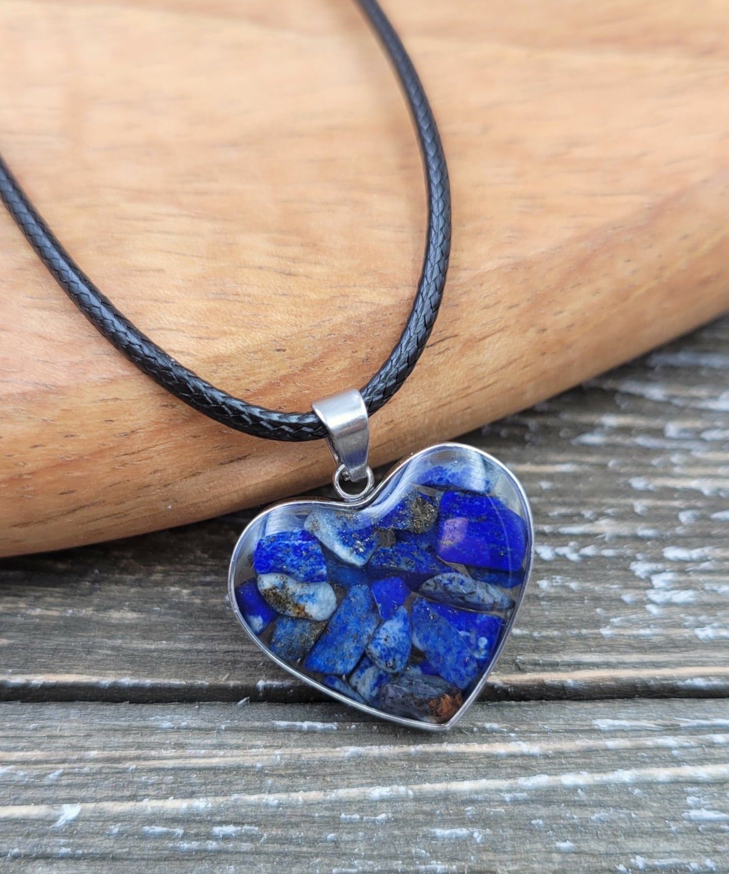 BESHEEK Lapis Lazuli Stone captured in Resin Heart Pendant Necklace? Handmade Hypoallergenic Boho Beach Gala Wedding Style Fashion Jewelry
