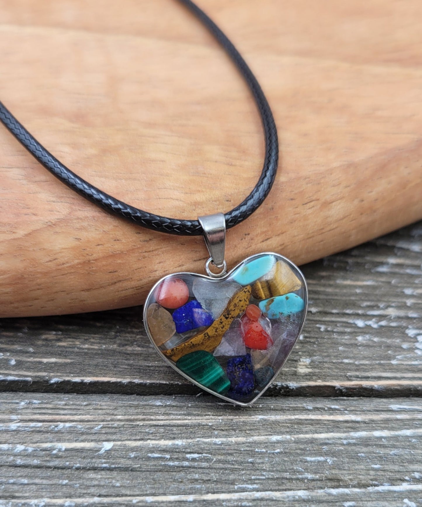 BESHEEK Rainbow Gemstone captured in Resin Heart Pendant Necklace? Handmade Hypoallergenic Boho Beach Gala Wedding Style Fashion Jewelry