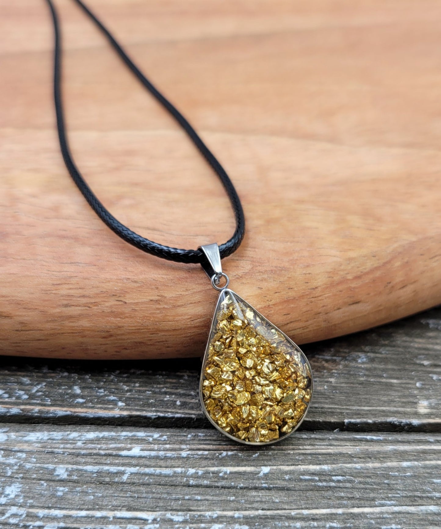 BESHEEK Gold Pyrite stone captured in Resin Teardrop Pendant Necklace? Handmade Hypoallergenic Boho Beach Gala Wedding Style Fashion Jewelry
