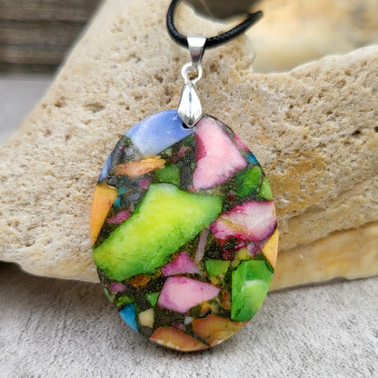 BESHEEK Rainbow Mosiac Dyed Turquoise and Resin Oval Pendant? Handmade Hypoallergenic Boho Beach Gala Wedding Style Fashion Jewelry