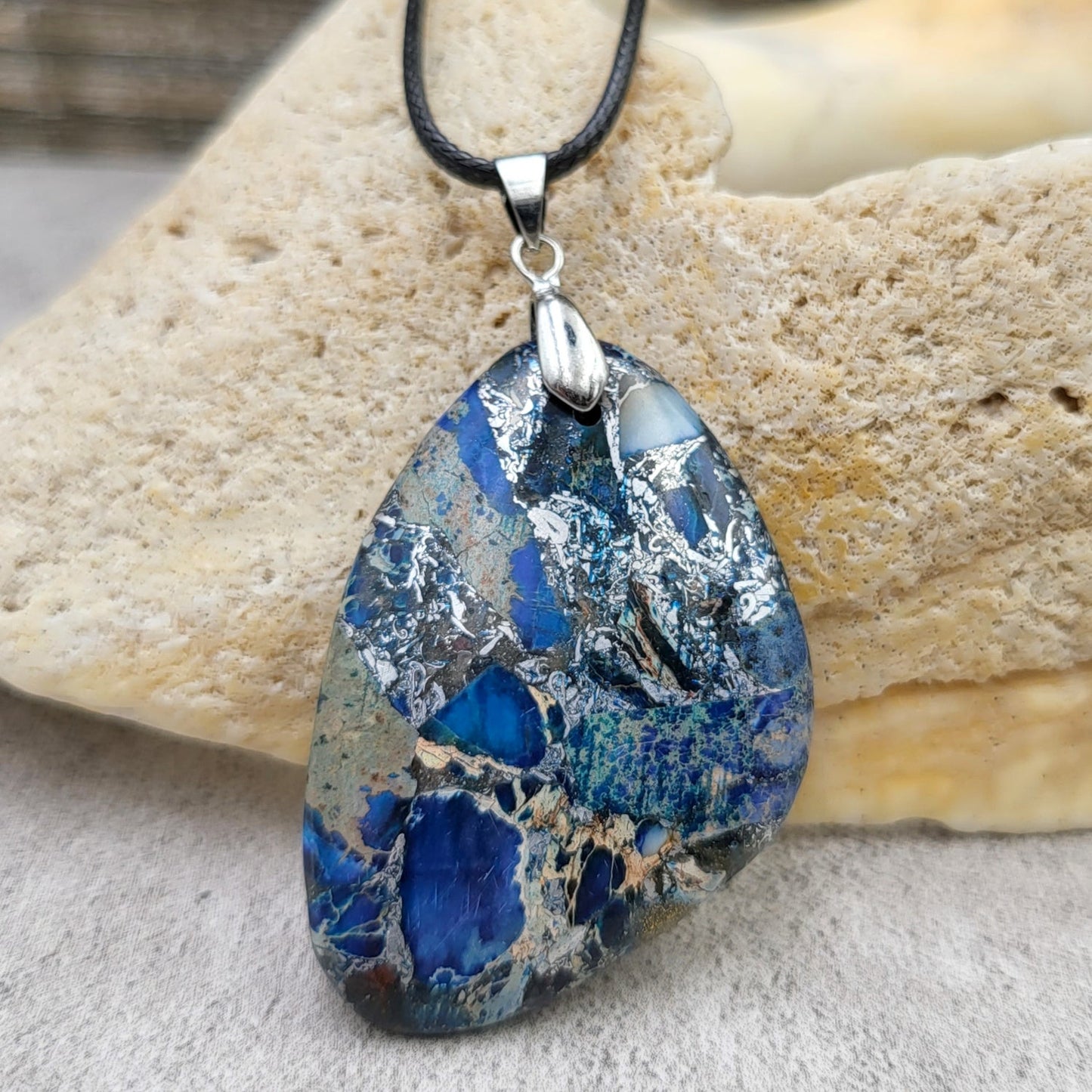 BESHEEK Blue Mosiac Sea Sediment Jasper Trapezoid Pendant? Handmade Hypoallergenic Boho Beach Gala Wedding Style Fashion Jewelry