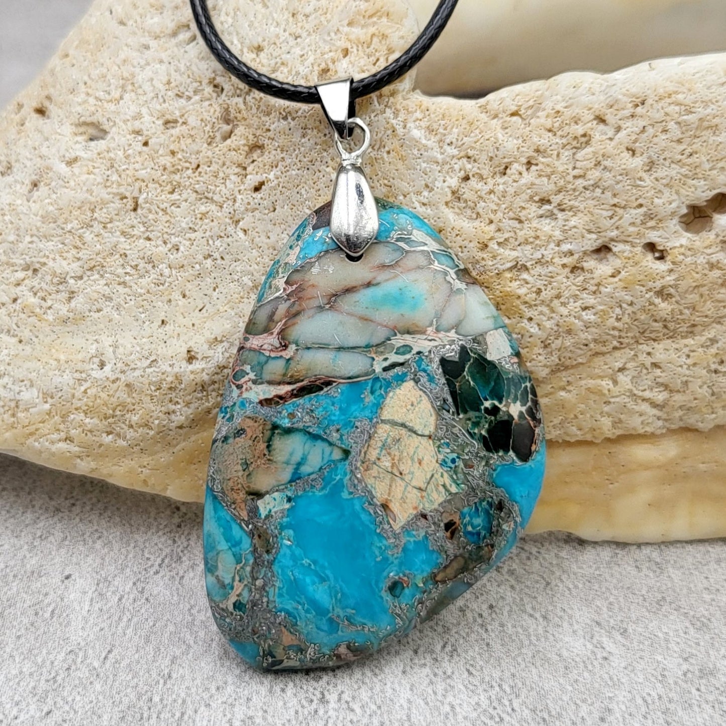 BESHEEK Aqua Blue Mosiac Sea Sediment Jasper Trapezoid Pendant? Handmade Hypoallergenic Boho Beach Gala Wedding Style Fashion Jewelry