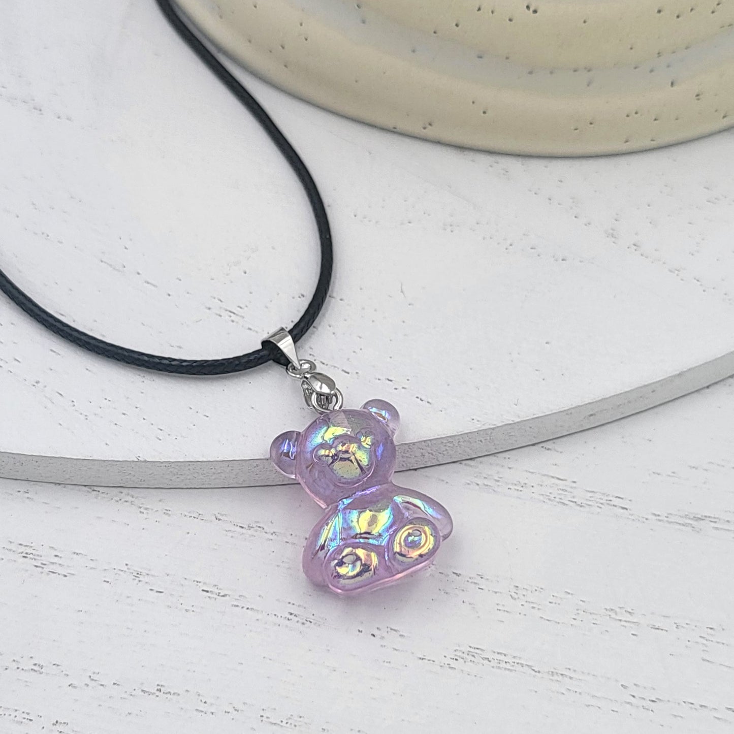 BESHEEK Silvertone and Purple Resin Gummy Bear Pendant Necklace | Hypoallergenic Boho Kitchsy Artistic Funky Cute Style Fashion Necklace
