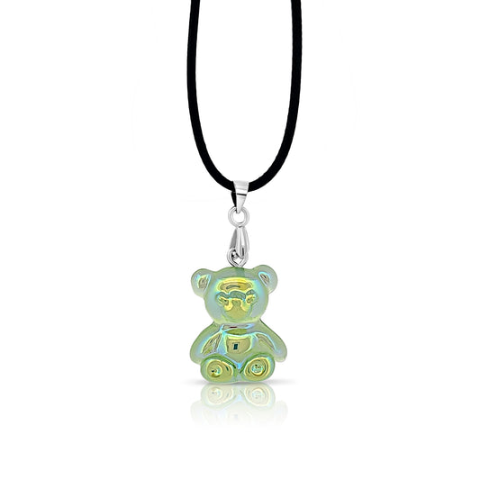 BESHEEK Silvertone and Green Resin Gummy Bear Pendant Necklace | Hypoallergenic Boho Kitchsy Artistic Funky Cute Style Fashion Necklace