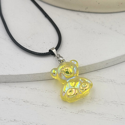 BESHEEK Silvertone and Yellow Resin Gummy Bear Pendant Necklace | Hypoallergenic Boho Kitchsy Artistic Funky Cute Style Fashion Necklace