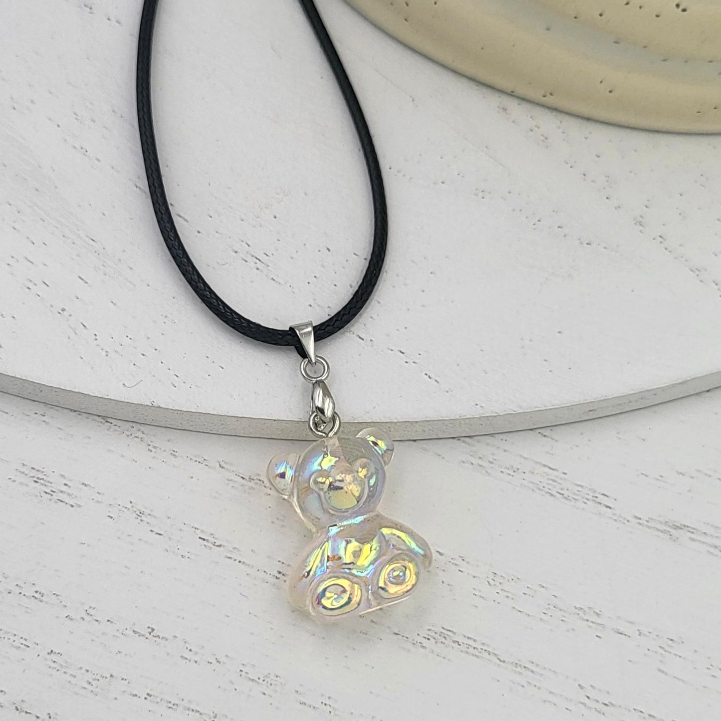 BESHEEK Silvertone and Clear AB Resin Gummy Bear Pendant Necklace | Hypoallergenic Boho Kitchsy Artistic Funky Cute Style Fashion Necklace