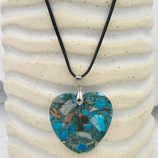 BESHEEK Turquoise Blue Reconstituted Jasper Heart Necklace Pendant | Handmade Hypoallergenic Boho Beach Gala Wedding Style Fashion Jewelry