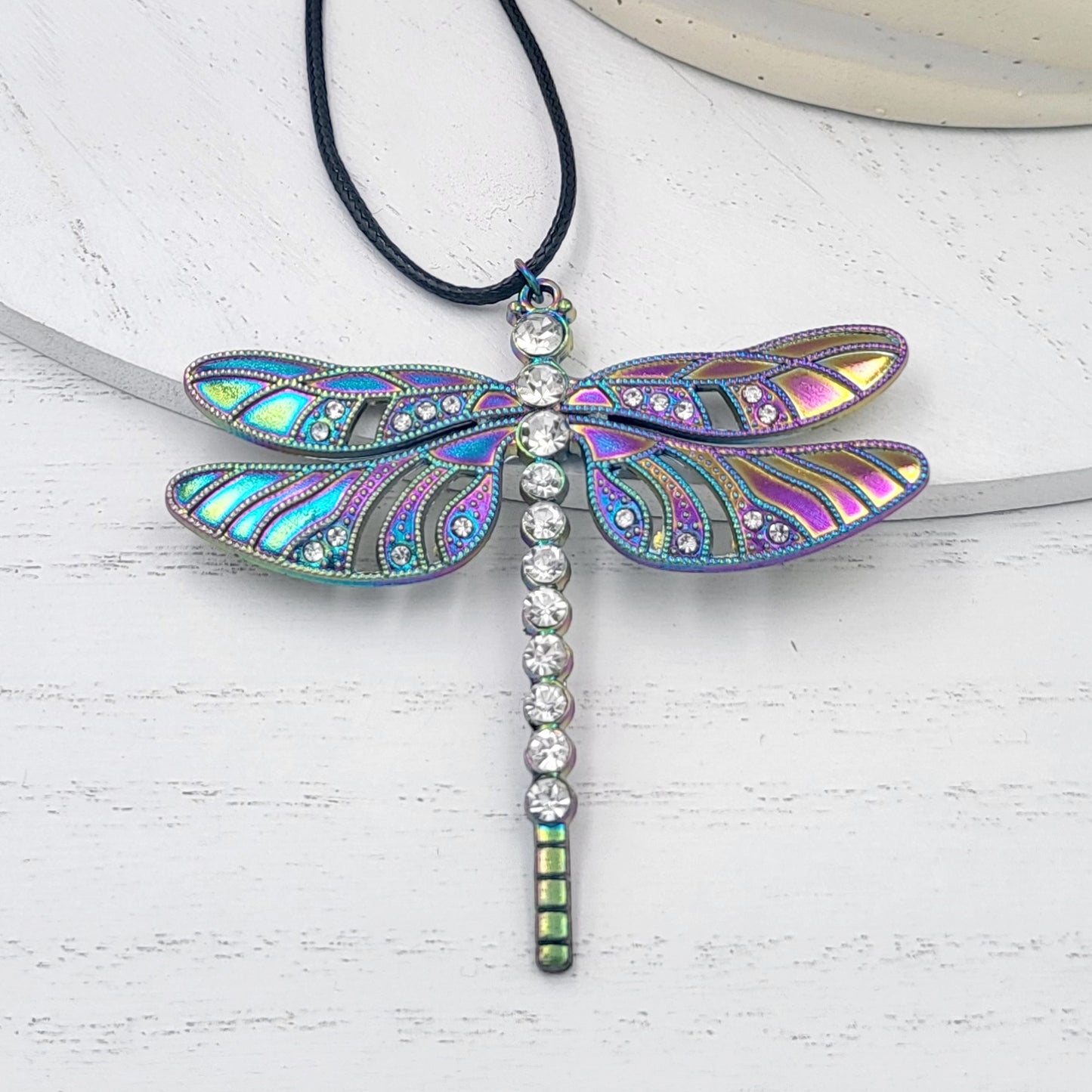Rainbow Electroplate and Rhinestone Dragonfly Pendant Necklace