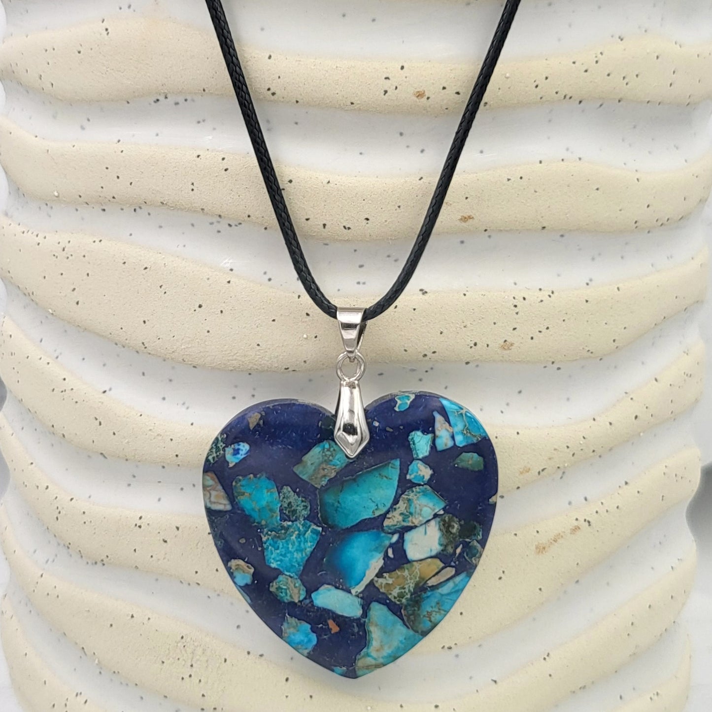BESHEEK Royal Blue Reconstituted Jasper Heart Necklace Pendant | Handmade Hypoallergenic Boho Beach Gala Wedding Style Fashion Jewelry