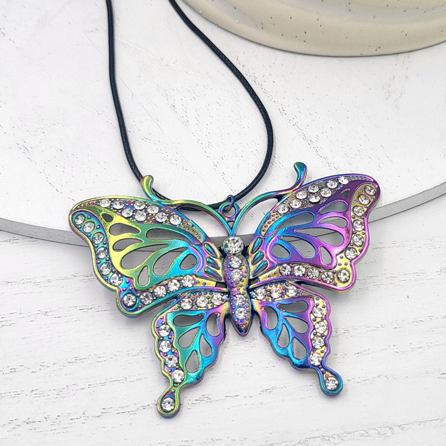 Rainbow Electroplate and Rhinestone Butterfly Pendant Necklace