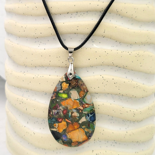 BESHEEK Rainbow Sea Sediment Jasper Stone Teardrop Necklace Pendant | Handmade Hypoallergenic Boho Beach Gala Wedding Style Fashion Jewelry