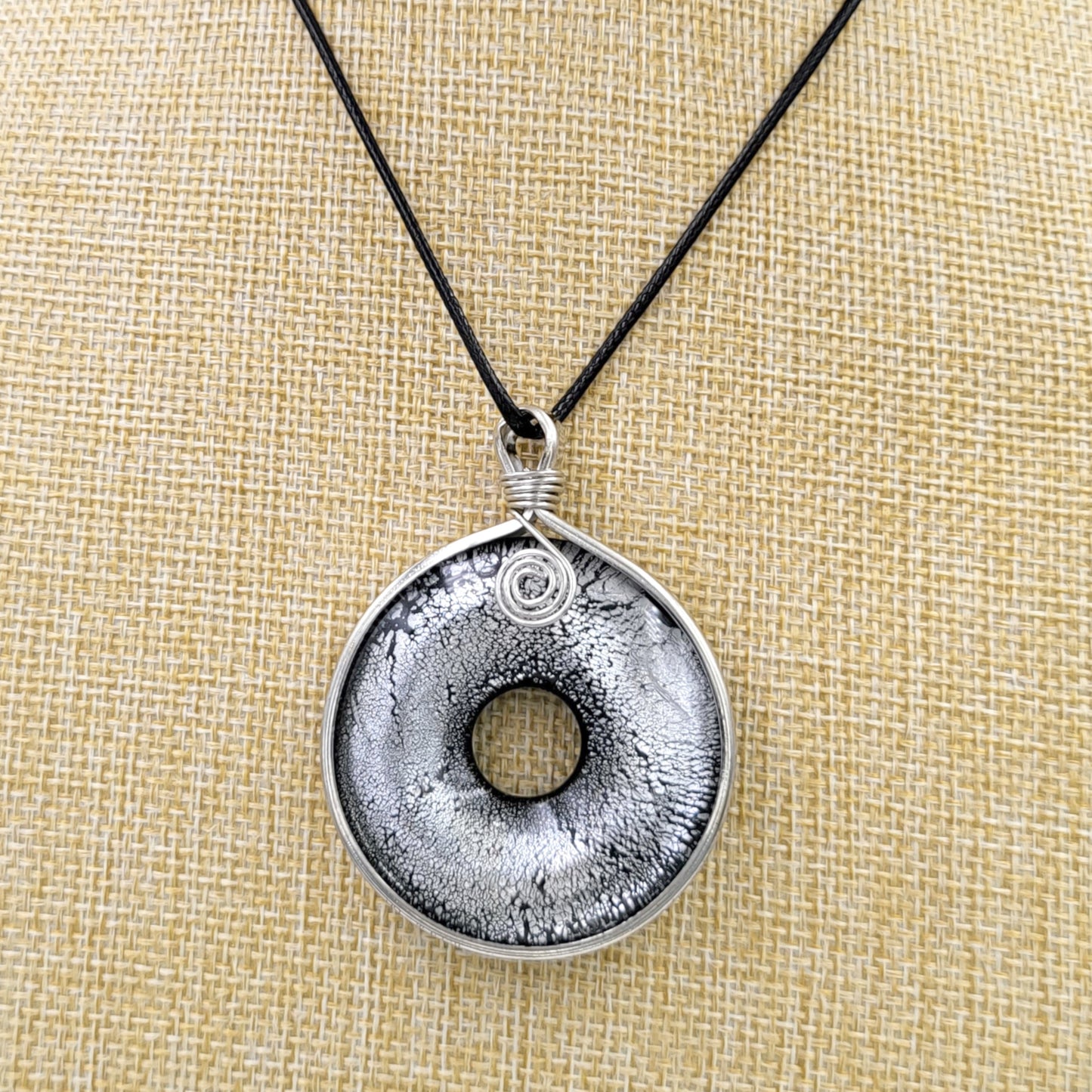 Silvertone and Black Foil Glass Lampwork Donut Pendant