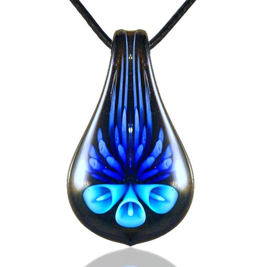 BESHEEK Handmade Murano Inspired Blown Glass Lampwork Art Blue Flower and Black Teardrop Necklace Pendant ? Handcrafted Artisan Hypoallergenic Italian Style Jewelry