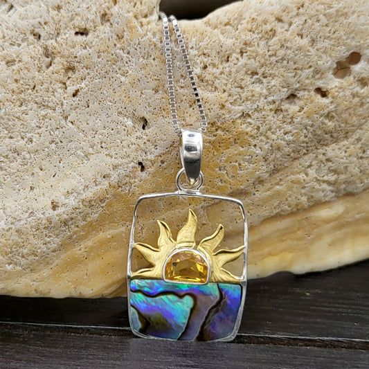 Sterling Silver and Abalone Citrine Sunset Rectangle Pendant | Handmade Hypoallergenic Boho Beach Gala Wedding Style Sterling Necklace Pendant