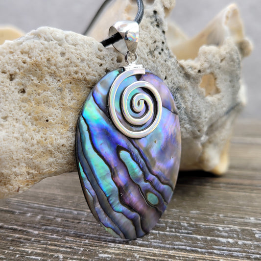 Sterling Silver and Abalone Shell Spiral Oval Pendant Necklace | Handmade Hypoallergenic Boho Beach Gala Wedding Style Sterling Necklace Pendant