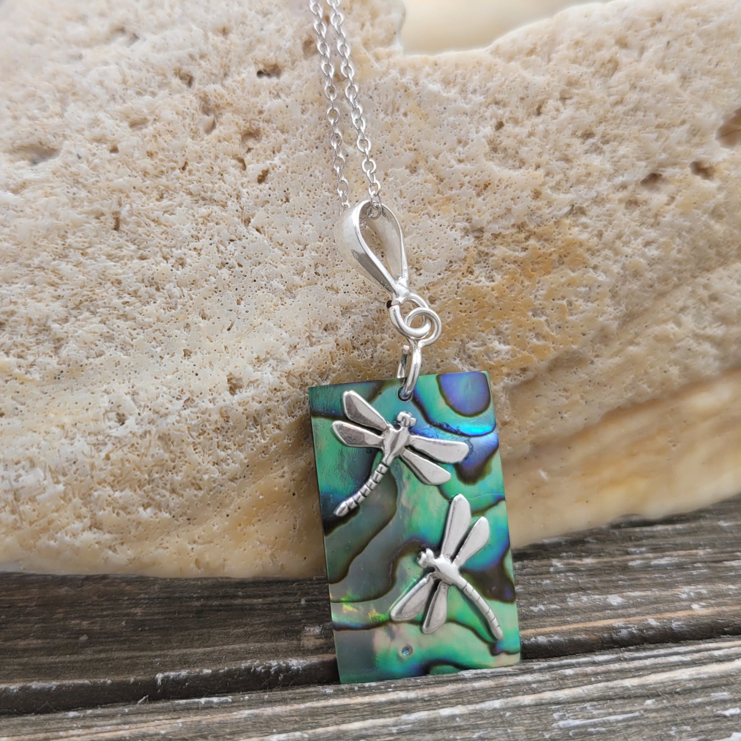 Sterling Silver and Paua Shell Dragonflies Rectangle Pendant Necklace | Handmade Hypoallergenic Boho Beach Gala Wedding Style Sterling Necklace Pendant