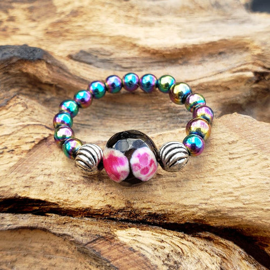 Rainbow Hematite and Pink Calsilica Agate Stretch Toe Ring
