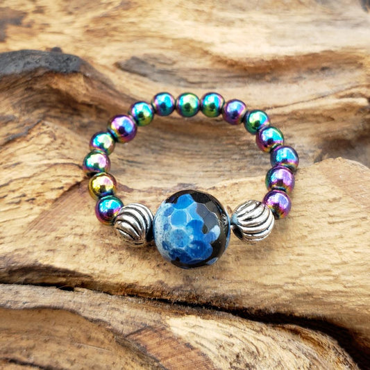 Rainbow Hematite and Blue Calsilica Agate Stretch Toe Ring