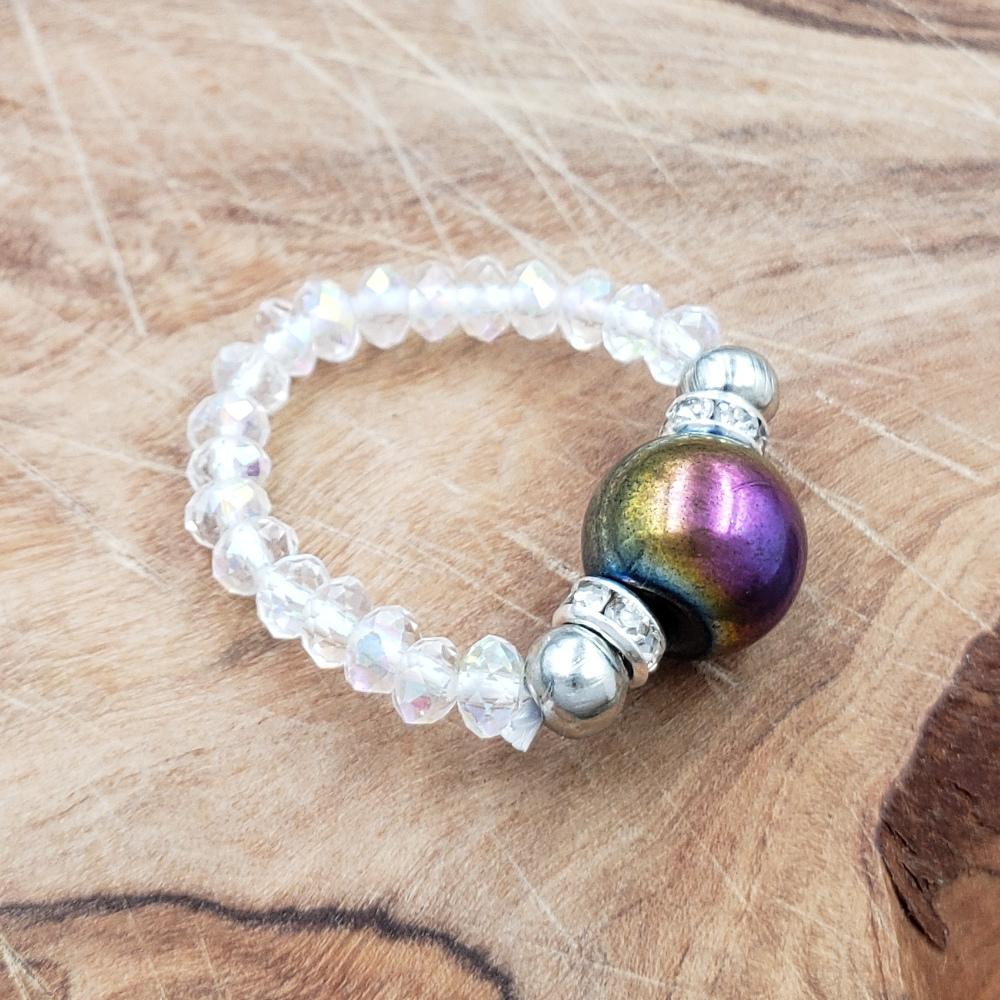 Rainbow Hematite and Clear Crystal Stretch Toe Ring
