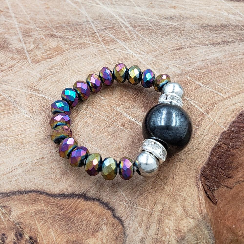 Hematite and Rainbow Crystal Stretch Toe Ring