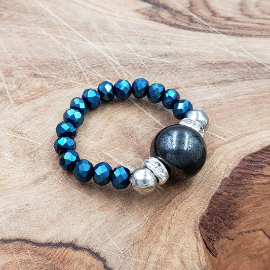 Hematite and Luster Blue Crystal Stretch Toe Ring