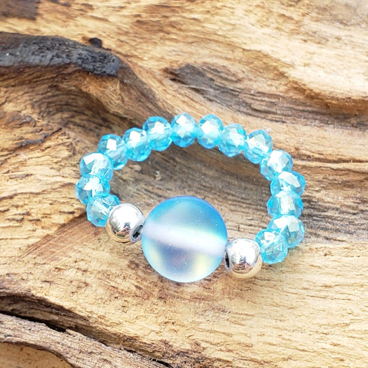Blue Mermaid Glass and Aqua Blue Crystal Stretch Toe Ring