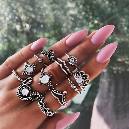 Oxidized Silvertone Lotus and Moonstone Rings (Set of 12)