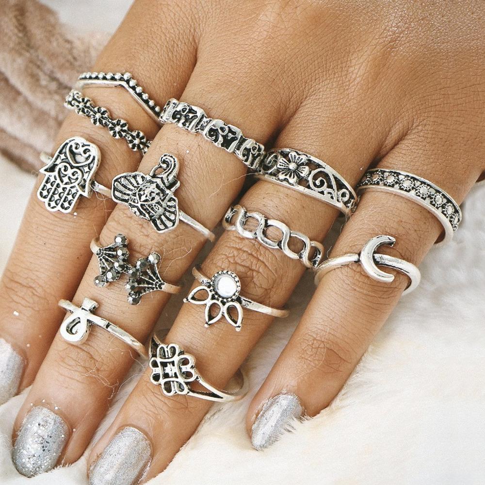 Silvertone Boho Rings (Set of 13)