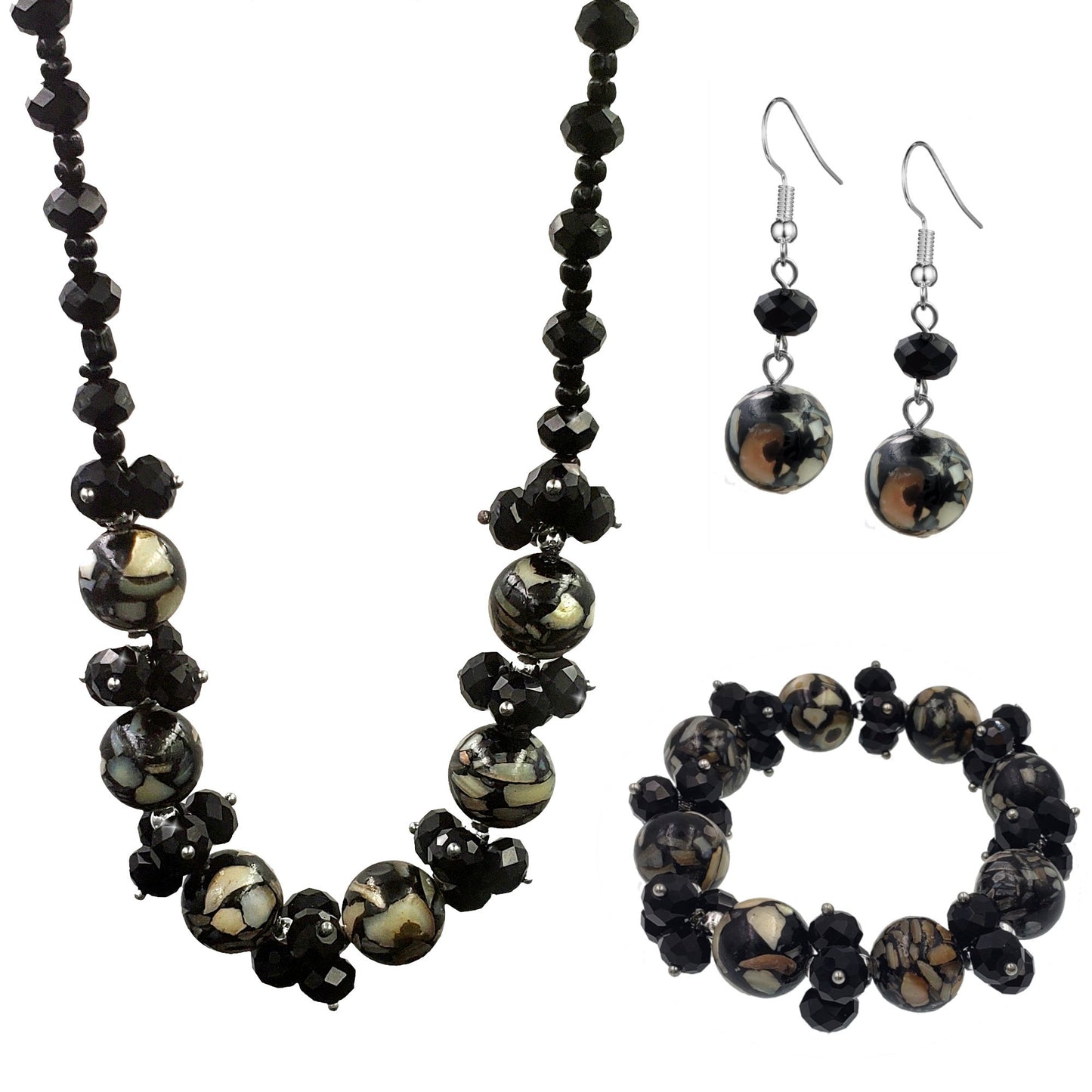 Black Crystal Glass and Marble Necklace Earring Set