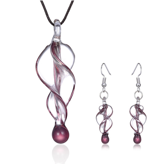 Purple Glass Tornado Twirl Pendant and Earrings Jewelry Set