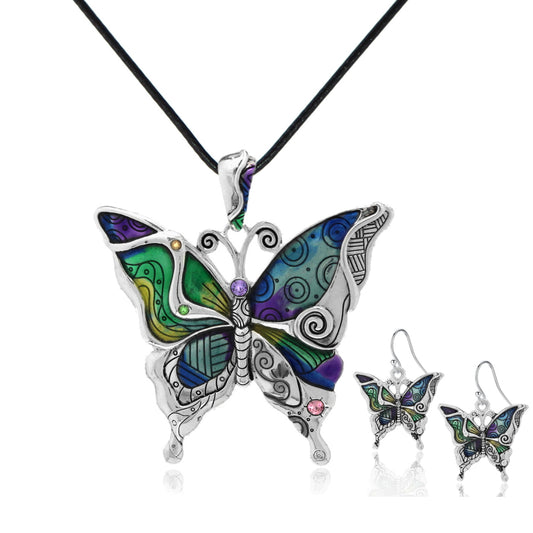 Silvertone Rainbow Butterfly Pendant Necklace & Earrings